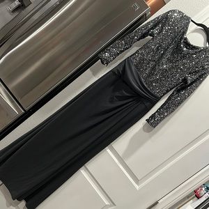 Silver and Gray Evening Gown with sequined upper and 3/4 sleeve high neckline
